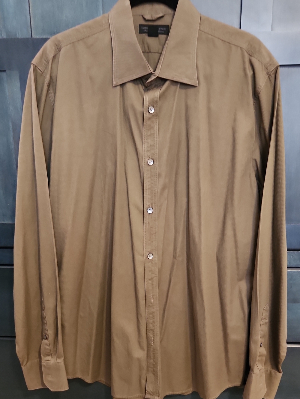 Express Men's Olive Green-Tan Dress Shirt - Long Sleeve